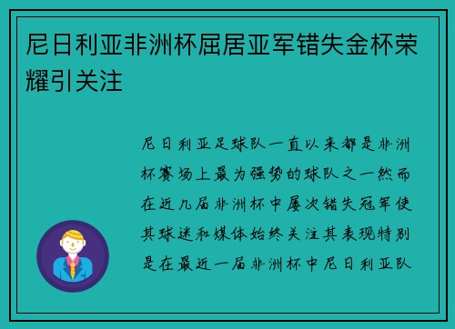 尼日利亚非洲杯屈居亚军错失金杯荣耀引关注 尼日利亚非洲杯屈居亚军错失金杯荣耀引关注